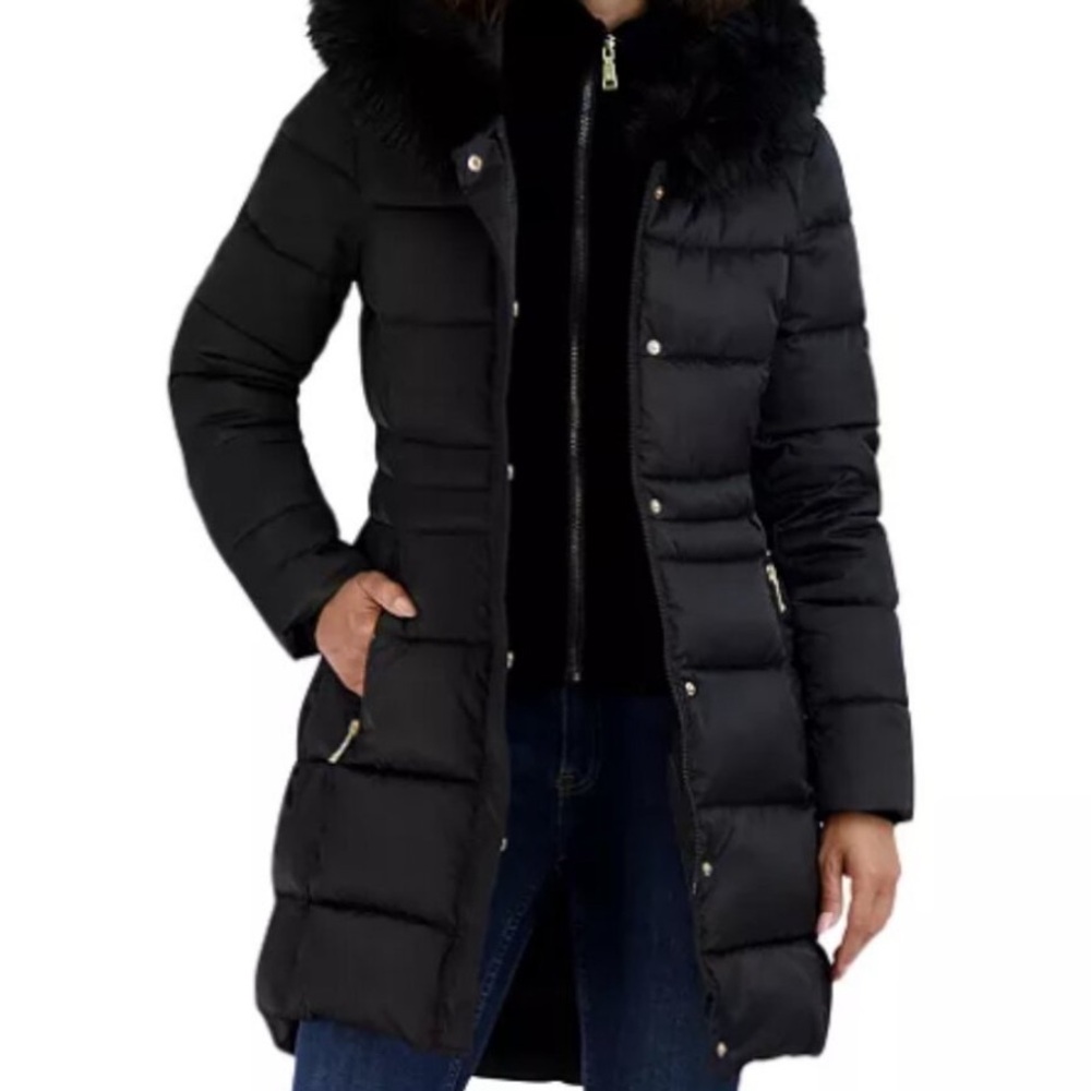 Tahari Black Puffer Jacket with Fur Trim